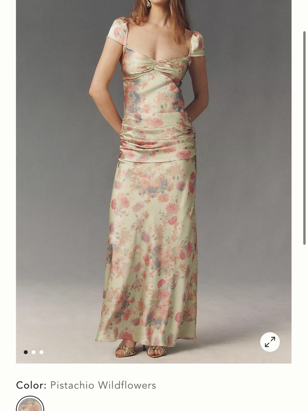 BHLDN Pistachio Wildflower Satin Maxi Dress
